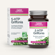 Eine Flasche und eine Schachtel gse.organic.supplements 5-HTP Griffonia FR, beschriftet mit vegan, glutenfrei, laktosefrei, mit 60 Kapseln (30 Tagesportionen), französischem Text und grünen Samen auf dem Boden.