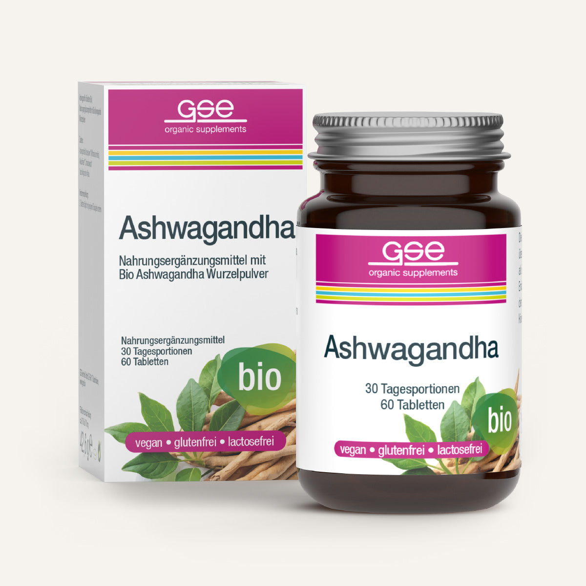 Eine Flasche und Schachtel von gse organic supplements Ashwagandha (Bio) Tabletten, gekennzeichnet als vegan, gluten- und laktosefrei. Die ayurvedische Verpackung zeigt grüne Blätter, lila Akzente, deutschen Text und hebt die Kraft des indischen Ginsengs hervor.