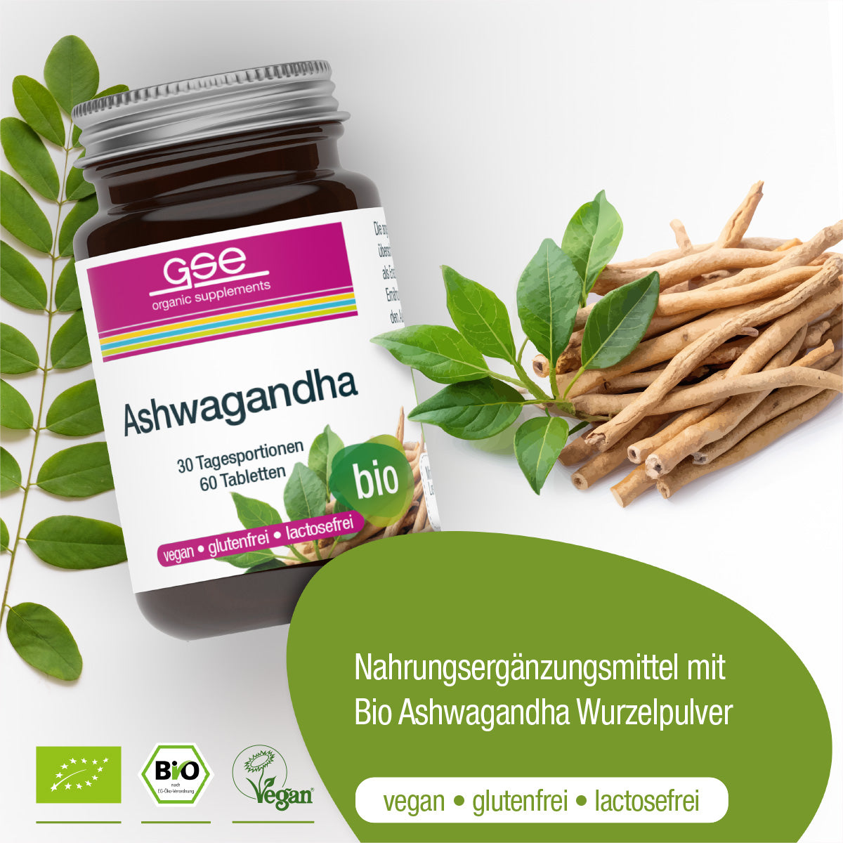 Ein Glas Ashwagandha (Bio) von gse organic supplements mit einem grünen Bio-Etikett, umgeben von Ashwagandha-Wurzeln und -Blättern. Der Text hebt hervor, dass dieses Bio-Produkt - auch indischer Ginseng genannt - vegan, glutenfrei und laktosefrei ist.