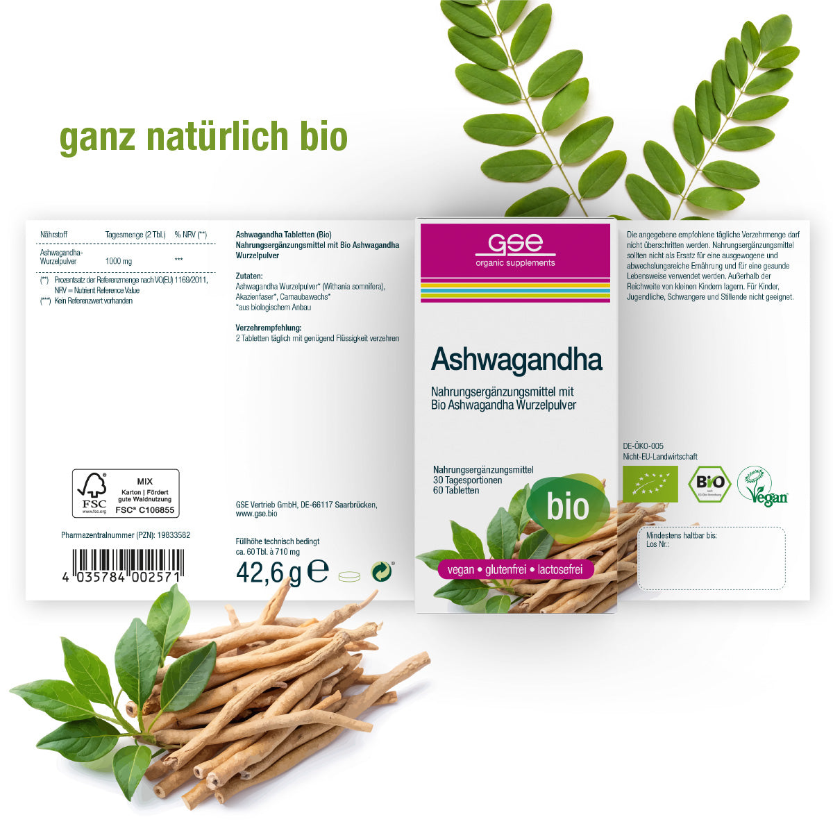 Die Verpackung von gse organic supplements Ashwagandha (Bio) Wurzelpulver, auch indischer Ginseng genannt, enthält Blätter und Wurzeln. Laut Etikett ist es vegan, glutenfrei, laktosefrei, biologisch und enthält 42,6 g.