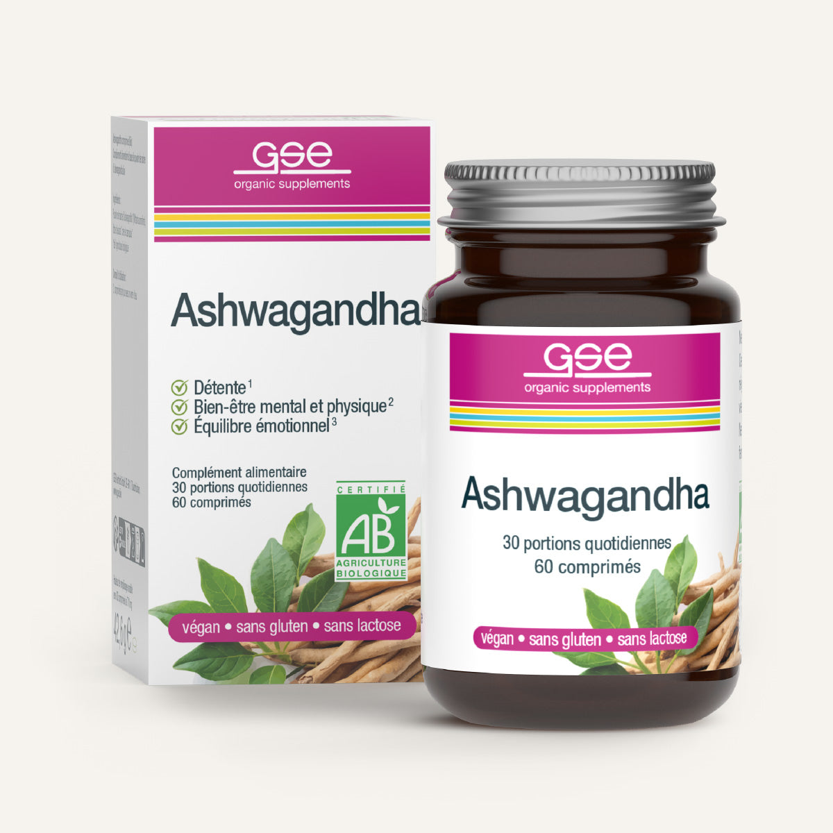 Abgebildet sind eine Flasche und eine Schachtel des Bio-Nahrungsergänzungsmittels Ashwagandha (Bio) FR von gse. Auf dem Etikett sind die ayurvedischen Vorteile für Entspannung, körperliches und geistiges Wohlbefinden und emotionales Gleichgewicht vermerkt. Das Ergänzungsmittel ist vegan, glutenfrei und laktosefrei.