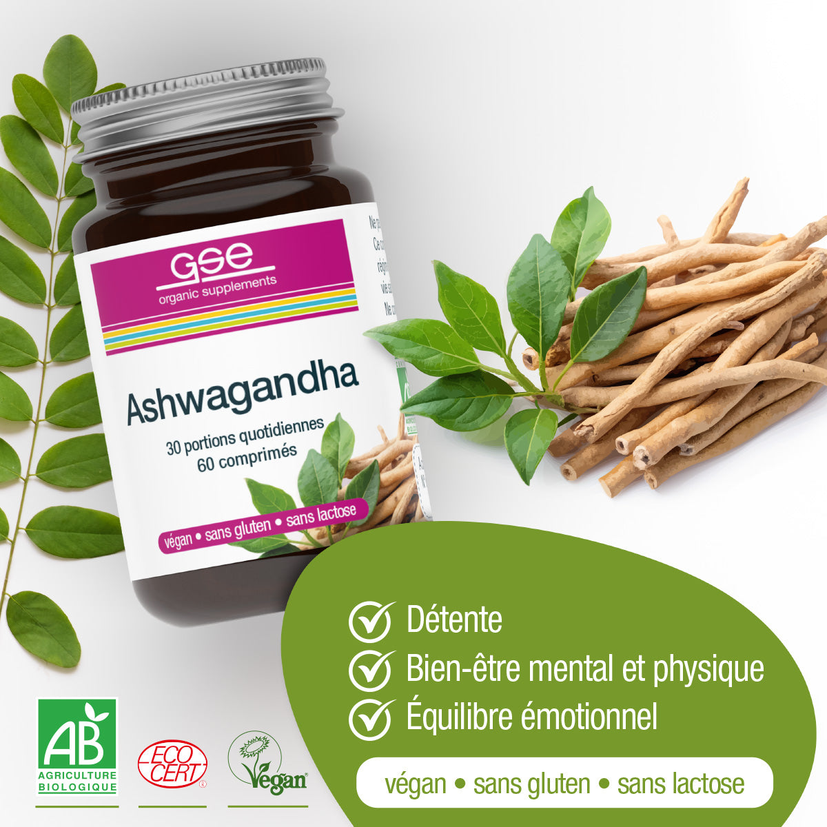 Eine Flasche Ashwagandha (Bio) FR von gse organic supplements steht neben frischen Ashwagandha-Wurzeln und grünen Blättern. Das französische Etikett zeigt, dass es vegan, glutenfrei, laktosefrei und adaptogen ist - ideal für die ayurvedische Praxis.