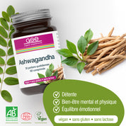 Eine Flasche Ashwagandha (Bio) FR von gse organic supplements steht neben frischen Ashwagandha-Wurzeln und grünen Blättern. Das französische Etikett zeigt, dass es vegan, glutenfrei, laktosefrei und adaptogen ist - ideal für die ayurvedische Praxis.