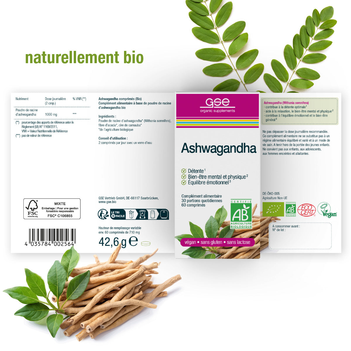 Eine Schachtel mit gse Bio-Ergänzungsmitteln Ashwagandha (Bio) FR, die als vegan, gluten- und laktosefrei gekennzeichnet sind. Ashwagandha-Wurzeln und grüne Blätter liegen neben der Verpackung. Text: naturellement bio. Inspiriert von der ayurvedischen Praxis für natürliche Balance.