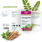 Die Verpackung von Ashwagandha (Bio) FR von gse organic supplements zeigt Bio- und Vegan-Etiketten, frische Ashwagandha-Wurzeln und -Blätter, "naturellement bio" oben links, und betont die ayurvedischen adaptogenen Vorteile.