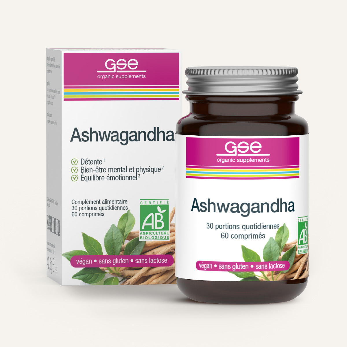 Eine Flasche und Box von gse Bio-Ergänzungen Ashwagandha (Bio) FR, vegan, glutenfrei, laktosefrei, mit Französisch tägliche Portion Info und Bilder von Ashwagandha Wurzeln und grünen Blättern. Auch bekannt als indischer Ginseng.
