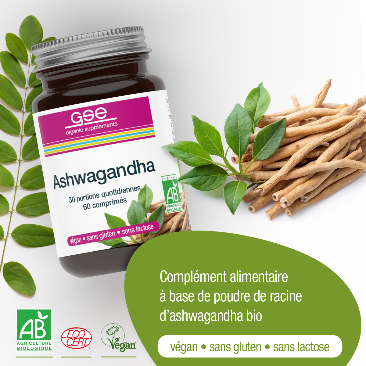 Eine Dose Ashwagandha (Bio) FR von gse organic supplements steht neben frischen Wurzeln und grünen Blättern. Auf dem französischen Etikett sind die Angaben "vegan", "glutenfrei" und "laktosefrei" mit Zertifizierungslogos angegeben - ein Adaptogen für natürliches Wohlbefinden.