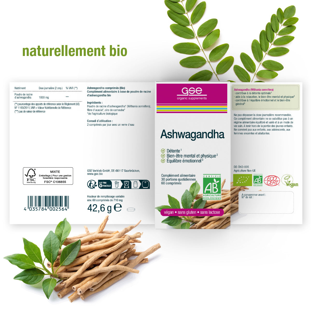 Schachtel mit gse Bio-Nahrungsergänzungsmitteln Ashwagandha (Bio) FR mit grünen Blättern, Wurzeln und umweltfreundlichen, veganen und biologischen Etiketten. Französischer Text hebt adaptogene Vorteile, Inhaltsstoffe, Zertifizierungen und "indischer Ginseng" hervor.