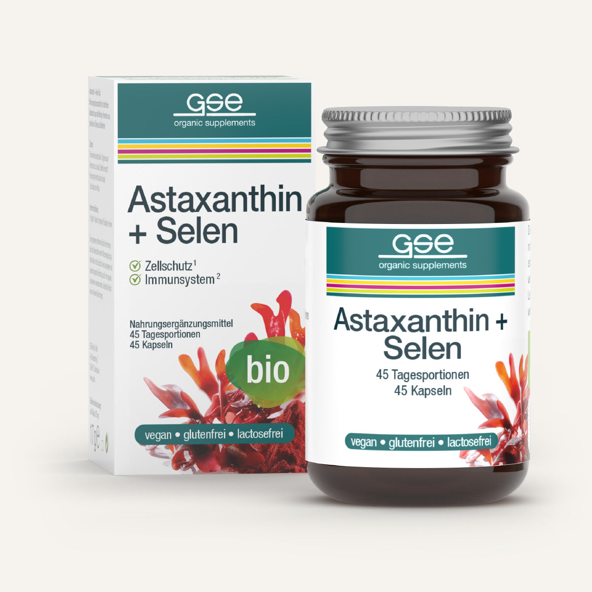 Abgebildet sind eine Flasche und eine Schachtel von gse.organic.supplements Astaxanthin + Selen (Bio) mit weißem Design mit blaugrünen Akzenten, veganen, glutenfreien und laktosefreien Symbolen, einem Bio-Etikett und Hinweisen auf pflanzlichen Zellschutz.