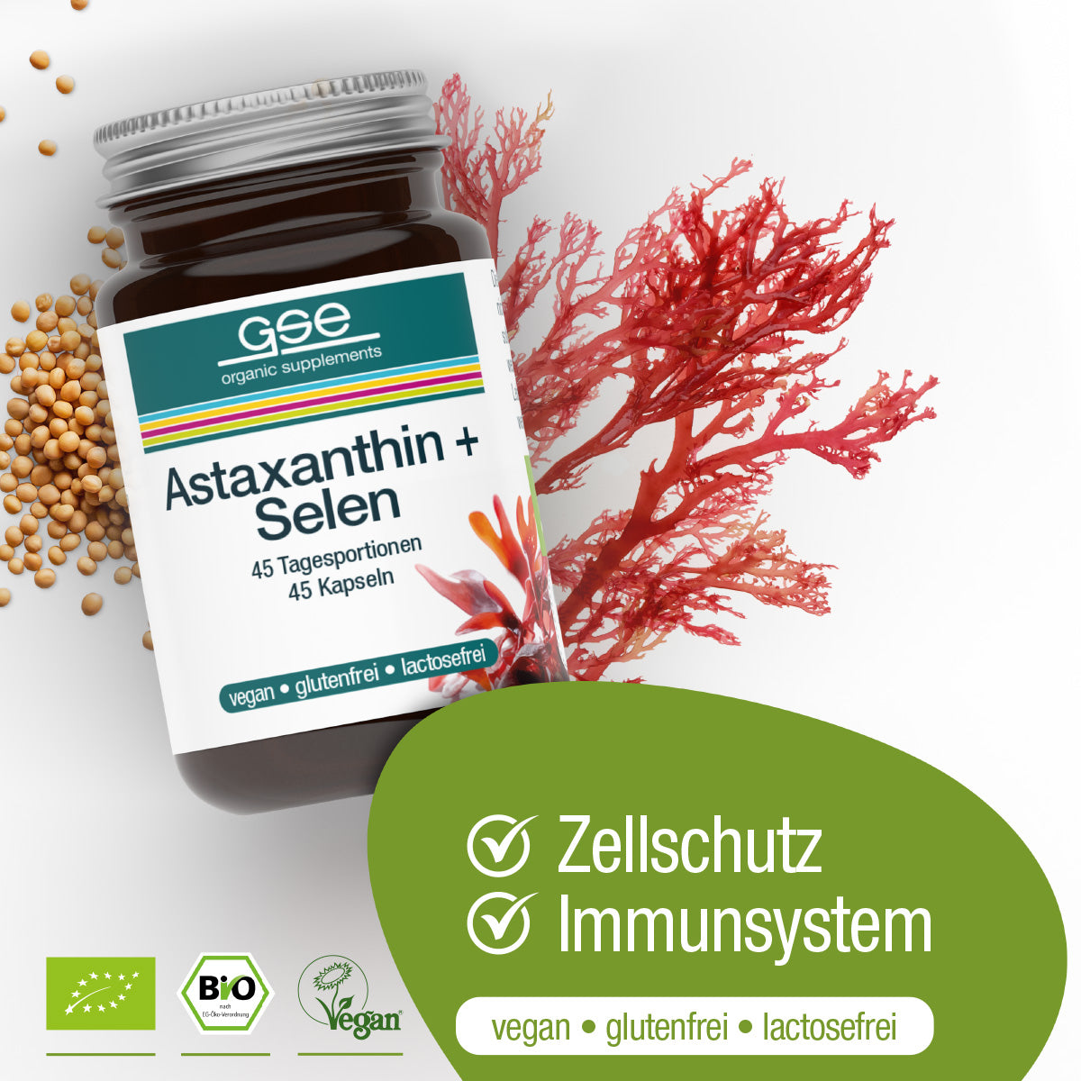 Eine Flasche Astaxanthin + Selen (Bio) von gse.organic.supplements ist mit Rotalgen und Senfkörnern abgebildet. Die Etiketten heben vegan, glutenfrei, laktosefrei hervor; der Text betont pflanzlichen Zellschutz und Immununterstützung.