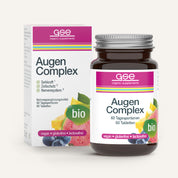 Abgebildet sind eine Flasche und eine Schachtel gse.organic.supplements Augen Complex (Bio) mit weißer Verpackung, rosafarbenen und grünen Akzenten, Fruchtbildern und Etiketten mit Angaben zu Veganismus, Glutenfreiheit, Laktosefreiheit, Biostatus und pflanzlichen Mikronährstoffen.