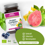 Eine Flasche gse.organic.supplements Augen Complex (Bio) ist umgeben von Bio-Blaubeeren, Basilikumblättern, Guave und Zitrone. Die Etiketten zeigen "vegan", "glutenfrei" und "laktosefrei". Pflanzliche Mikronährstoffe unterstützen diese Augenpflegeformel.