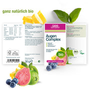 Box von Augen Complex (Bio) von gse.organic.supplements, mit Bio-Blaubeeren, Obst und Blatt Bilder. Etiketten zeigen vegan, glutenfrei, laktosefrei. Deutscher Text hebt pflanzliche Mikronährstoffe und Produktvorteile hervor.