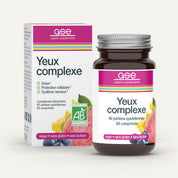 Eine Flasche und Schachtel Augen Complex (Bio) FR von gse.organic.supplements, mit Fruchtbildern wie Bio-Blaubeeren. Die vegane Formel mit pflanzlichen Mikronährstoffen unterstützt die Sehkraft, den Zellschutz und das Nervensystem.