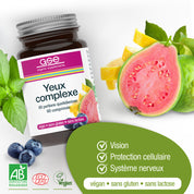 Neben Bio-Blaubeeren und geschnittener Guave steht eine Flasche Augen Complex (Bio) FR von gse.organic.supplements, die mit pflanzlichen Mikronährstoffen die Sehkraft, den Zellschutz und das Nervensystem unterstützt. Vegan, glutenfrei, laktosefrei, biologisch.