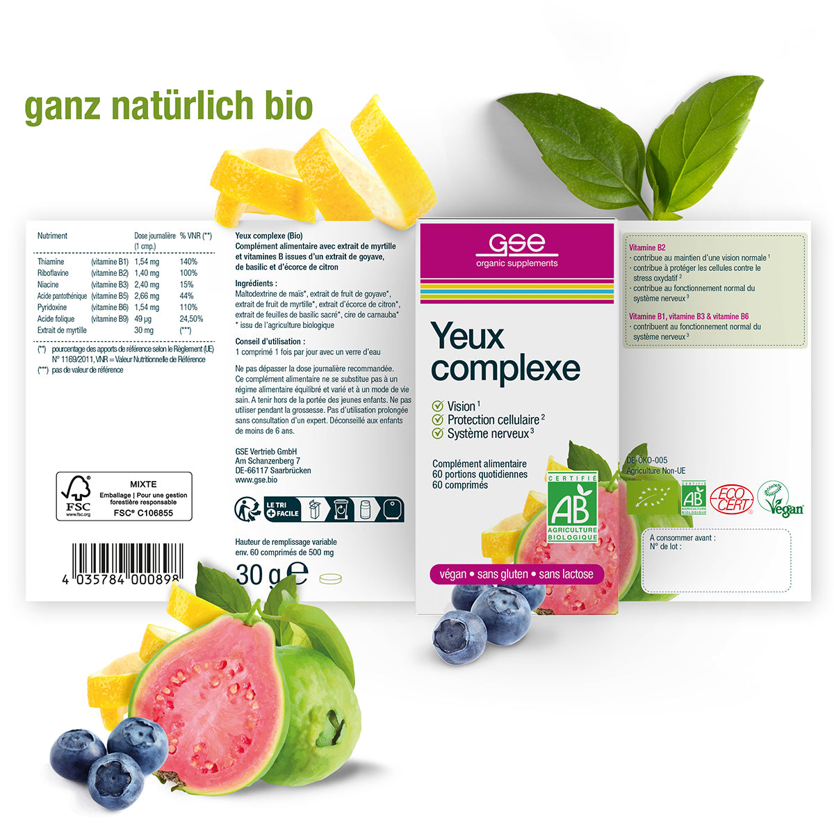 Schachtel mit gse.organic.supplements Augen Complex (Bio) FR mit Guave, Zitrone, grünen Blättern und Bio-Heidelbeeren. Vegan, glutenfrei, laktosefrei; enthält pflanzliche Mikronährstoffe. Verpackung auf Französisch.