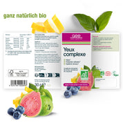Schachtel mit gse.organic.supplements Augen Complex (Bio) FR mit Guave, Zitrone, grünen Blättern und Bio-Heidelbeeren. Vegan, glutenfrei, laktosefrei; enthält pflanzliche Mikronährstoffe. Verpackung auf Französisch.