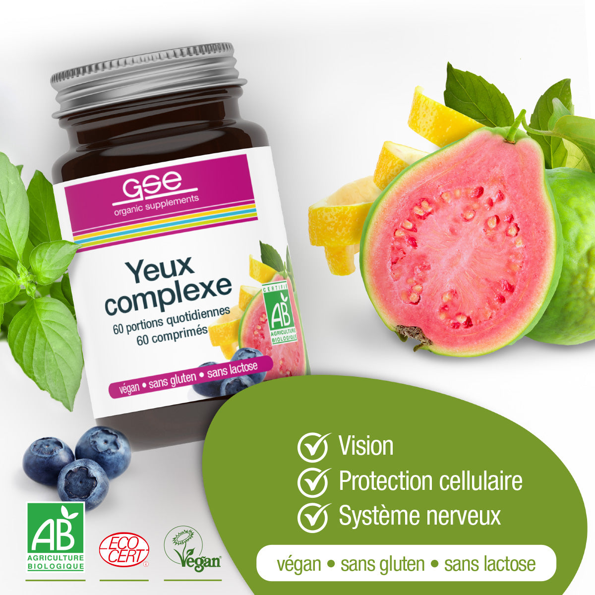 Eine Flasche Augen Complex (Bio) FR von gse.organic.supplements ist mit Guave, Heidelbeerextrakt und Pflanzenblättern abgebildet. Icons heben die Unterstützung der Sehkraft, des Zellschutzes und des Nervensystems hervor. Vegane, glutenfreie und laktosefreie Etiketten sind sichtbar.