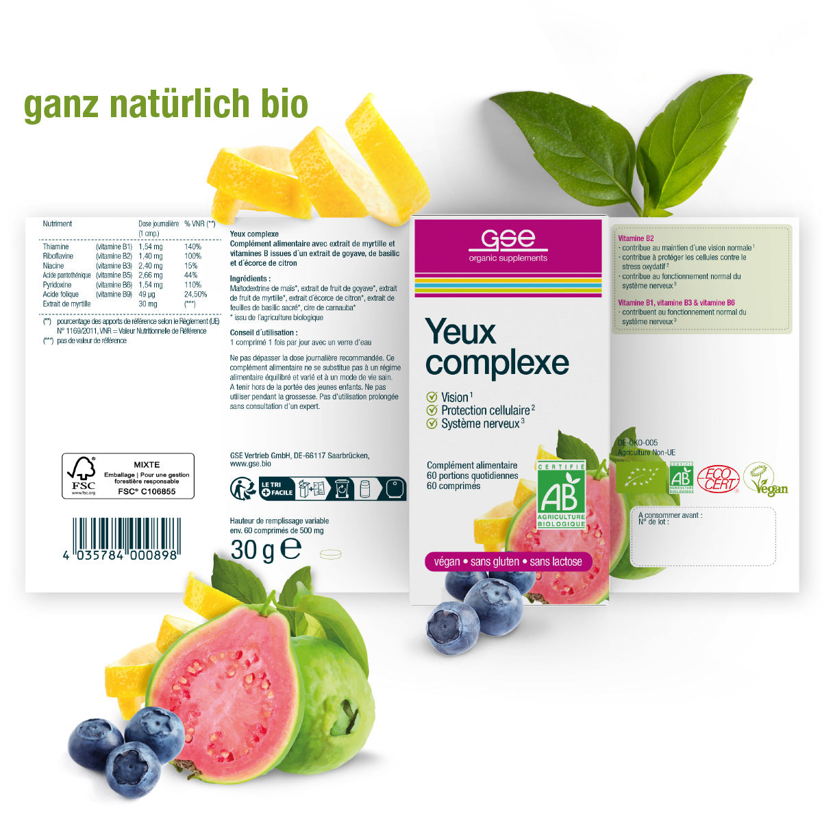 Schachtel Augen Complex (Bio) FR von gse.organic.supplements mit Guave, Blaubeeren, Zitronenscheiben und grünen Blättern. Die Verpackung zeigt B-Vitamin, Blaubeerextrakt, Nährwertangaben, Bio- und Vegan-Zertifizierungen und "ganz natürlich bio".