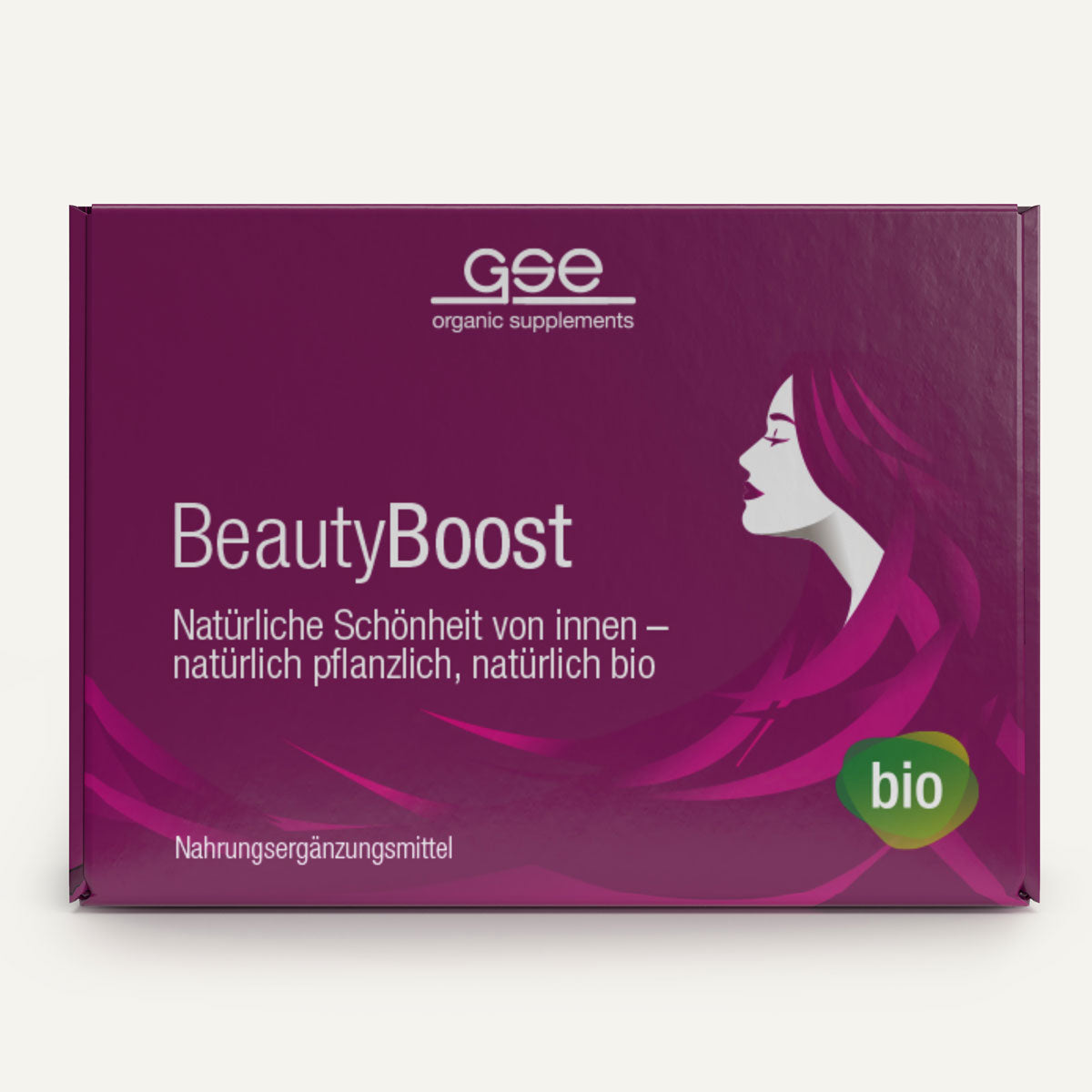 Die lilafarbene Schachtel des Beauty Boost Pakets von gse organic supplements zeigt eine weibliche Gesichtssilhouette und den Text "natürliche Schönheit" und unterstützt Haut, Haare & Nägel mit pflanzlichen, biologischen Inhaltsstoffen und einem grünen "Bio"-Abzeichen.