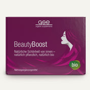 Die lilafarbene Schachtel des Beauty Boost Pakets von gse organic supplements zeigt eine weibliche Gesichtssilhouette und den Text "natürliche Schönheit" und unterstützt Haut, Haare & Nägel mit pflanzlichen, biologischen Inhaltsstoffen und einem grünen "Bio"-Abzeichen.