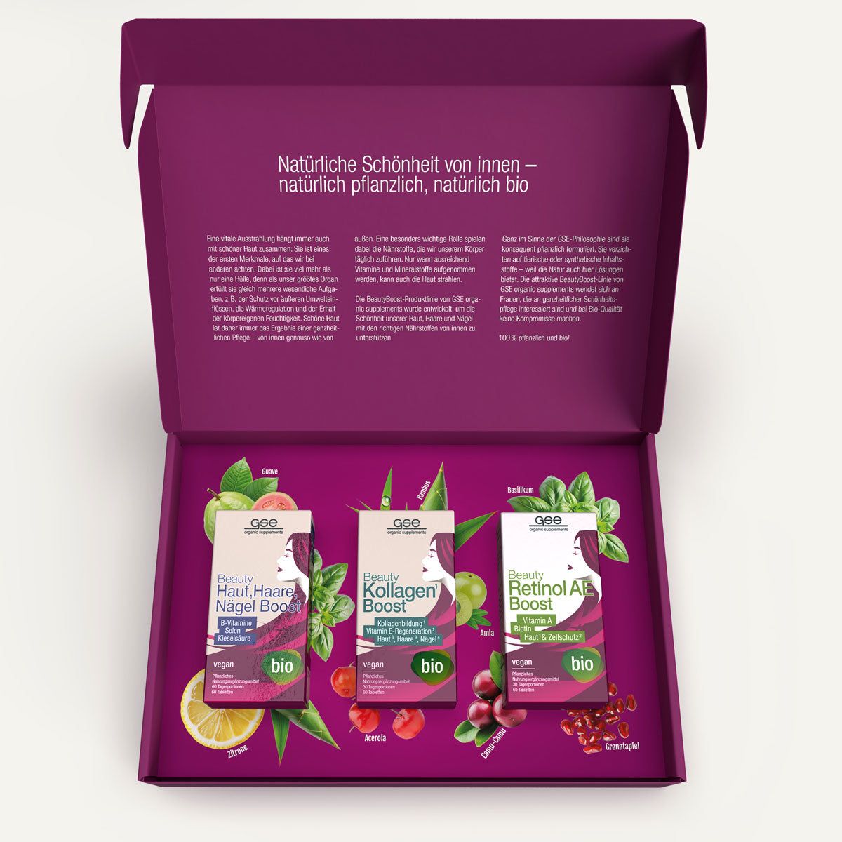 Eine geöffnete lilafarbene Schachtel von gse organic supplements zeigt das Beauty Boost Paket mit drei veganen Nahrungsergänzungsmitteln - Haut Haare Nägel Boost, Kollagen Boost und Retinol A Boost - inmitten von Frucht- und Blattmotiven, die auf dem Deckel und dem Boden die natürliche Schönheit feiern.