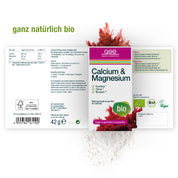 Schachtel gse.organic.supplements Calcium & Magnesium Complex (Bio) mit deutschen Infos, Icons für vegan, bio, glutenfrei, laktosefrei. Verpackung zeigt Rückseite/Seite und roten Seetang, Hervorhebung "wichtige Mineralstoffe".