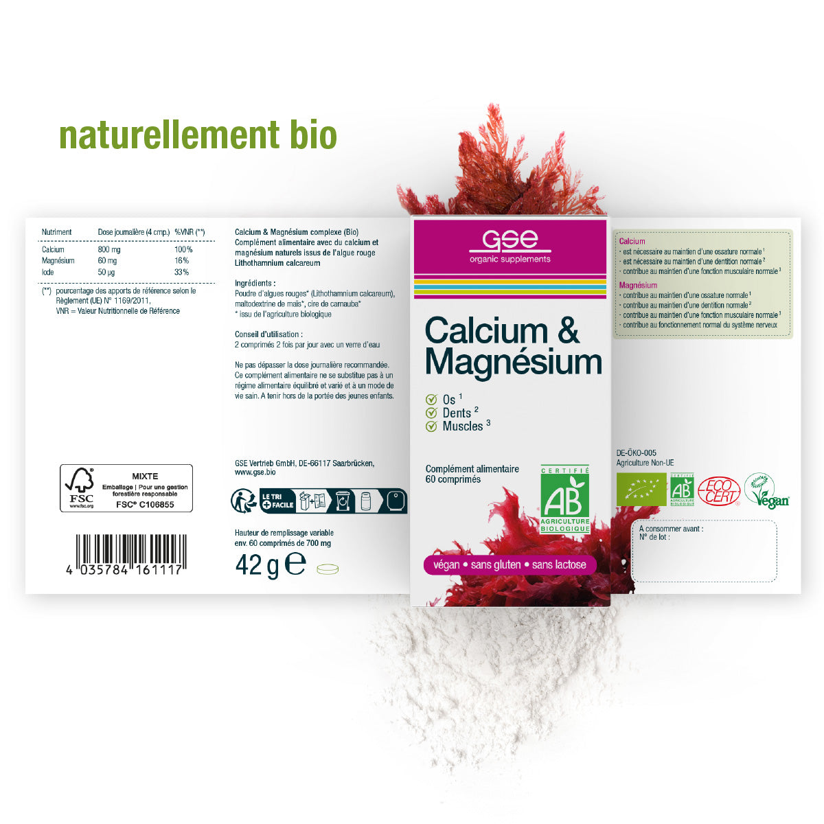 Die Verpackung des Calcium- und Magnesiumkomplexes (Bio) FR von gse.organic.supplements ist mit französischem Text, roten Algenmotiven, grünen und rosafarbenen Akzenten sowie Öko-Zertifizierungen wie vegan und AB versehen, wobei "Pflanzliche Mineralstoffe" hervorgehoben wird.
