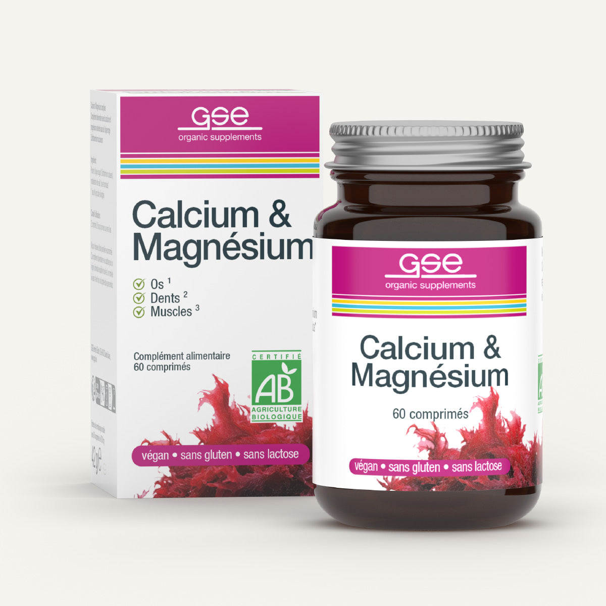 Eine Schachtel und eine Flasche Calcium & Magnesium Complex (Bio) FR von gse.organic.supplements mit französischem Text, der die Eigenschaften Bio-Rotalgen, vegan, glutenfrei, laktosefrei und biologisch hervorhebt, sowie einer Algengrafik auf weißem Hintergrund.