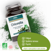 Eine Flasche gse.organic.supplements Chlorella (Tabletten) FR ist mit grünem Pulver abgebildet. Das Etikett weist auf die vegane, gluten- und laktosefreie Rezeptur sowie auf Vitamin B12 zur Unterstützung von Energie, Nervensystem und geistigem Wohlbefinden hin.