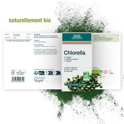 Die Verpackung von gse.organic.supplements Chlorella (Tabletten) FR zeigt grüne Tabletten, Produktinformation, Veganer- und Zertifizierungslogos, grünen Chlorella-Pulver-Hintergrund, "naturellement bio" oben links, und enthält Vitamin B12.