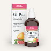 Eine Flasche und eine Schachtel CitroPlus® Grapefruitkernextrakt 600 von gse.organic.supplements, die als vegan, glutenfrei und laktosefrei gekennzeichnet sind und auf deren Verpackung Grapefruitscheiben und "Bioflavonoide" zu sehen sind.