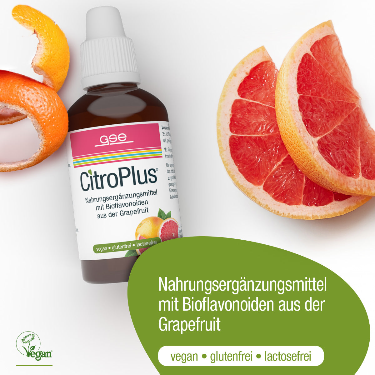 Eine Flasche CitroPlus® - Grapefruitkernextrakt 600 von gse.organic.supplements steht neben frischen Grapefruitscheiben. Text auf Deutsch betont: vegan, glutenfrei, laktosefrei, aus Grapefruit hergestellt.