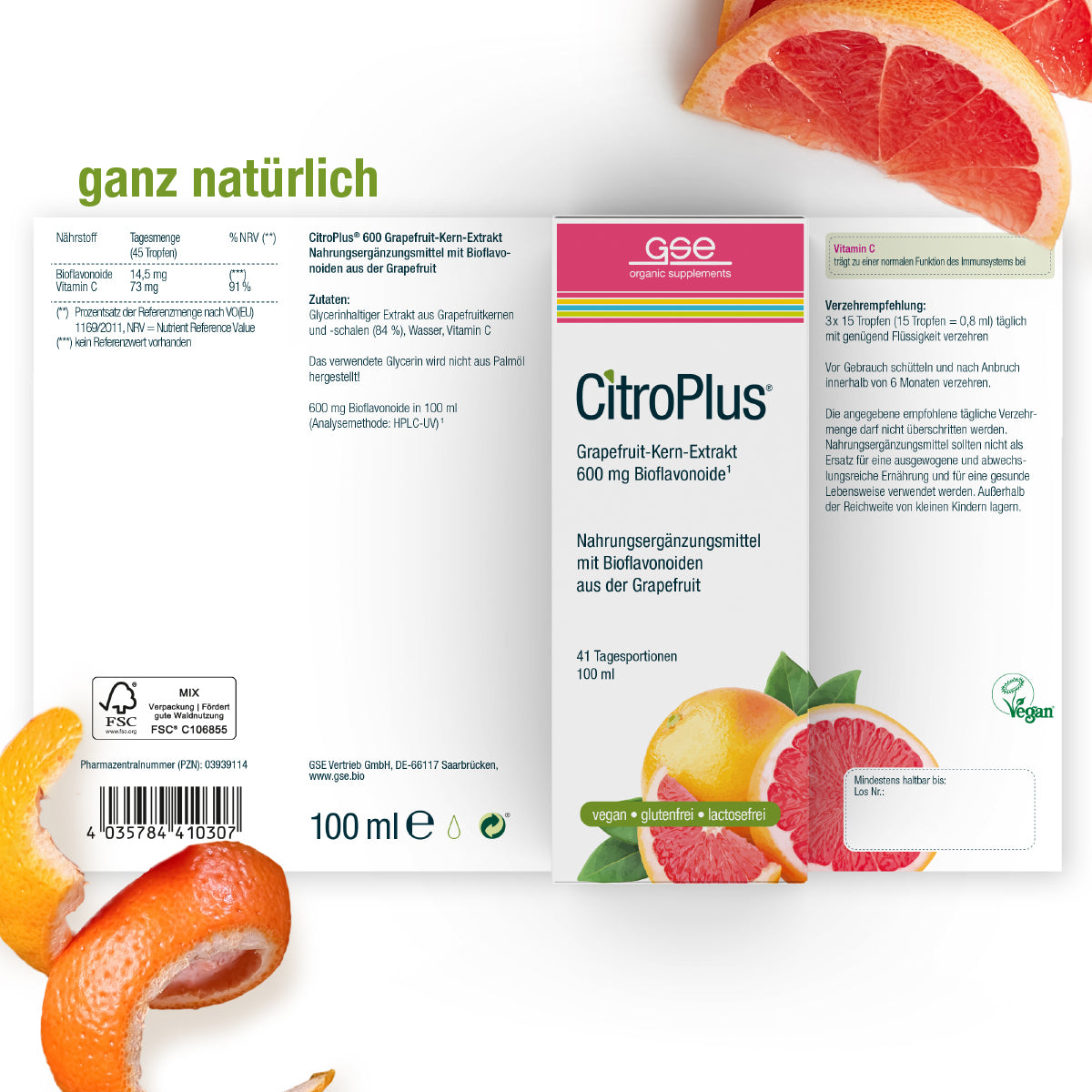 Eine Schachtel CitroPlus® - Grapefruitkernextrakt 600 von gse.organic.supplements mit Bildern von Grapefruits, deutschen Produktdetails und grünen "vegan"- und "ganz natürlich"-Etiketten vor einem weißen Hintergrund mit Grapefruitmotiven.