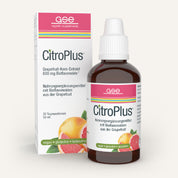 Eine braune Glasflasche mit einem Tropfverschluss mit der Aufschrift CitroPlus® - Grapefruitkernextrakt 600 von gse.organic.supplements steht vor einer Schachtel. Beide zeigen Grapefruits und einen deutschen Text, der auf dieses vegane Ergänzungsmittel mit Grapefruitkernextrakt und Bioflavonoiden hinweist.