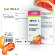 Dose CitroPlus® - Grapefruitkernextrakt 600 von gse.organic.supplements mit Grapefruitscheiben und grünen Blättern. Laut Etikett ist es vegan, gluten- und laktosefrei und liefert 600 mg Bioflavonoide pro 50 ml.