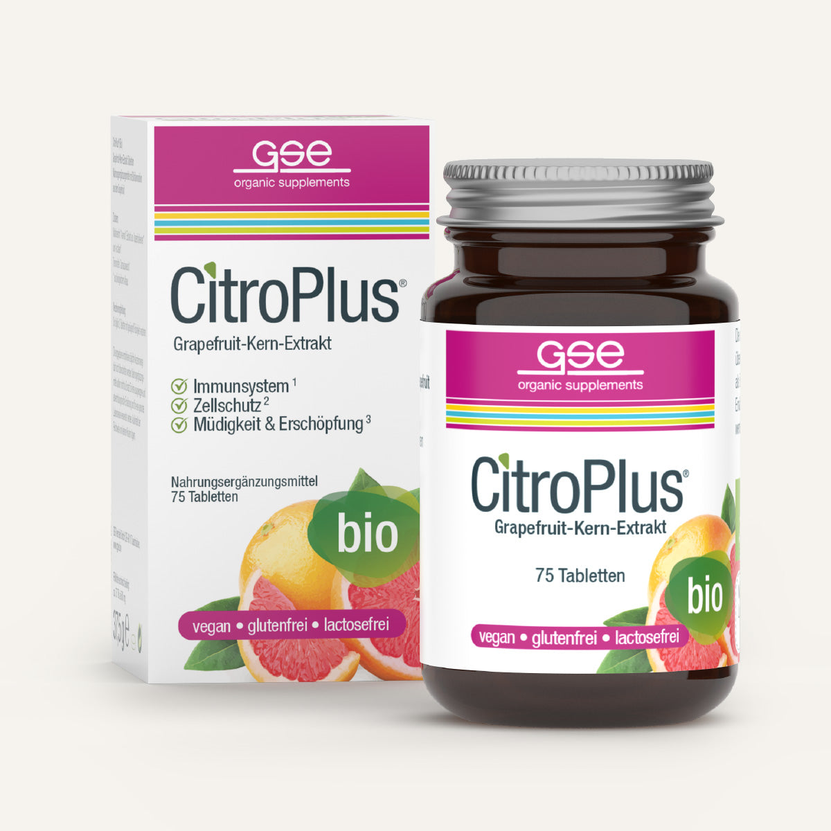 Eine Flasche und Dose CitroPlus® Tabletten (Bio) von gse.organic.supplements, vegan, gluten- und laktosefrei mit natürlichem Vitamin C & Grapefruit Bioflavonoide zur Immununterstützung, Zellschutz und Immunsystem stärken.