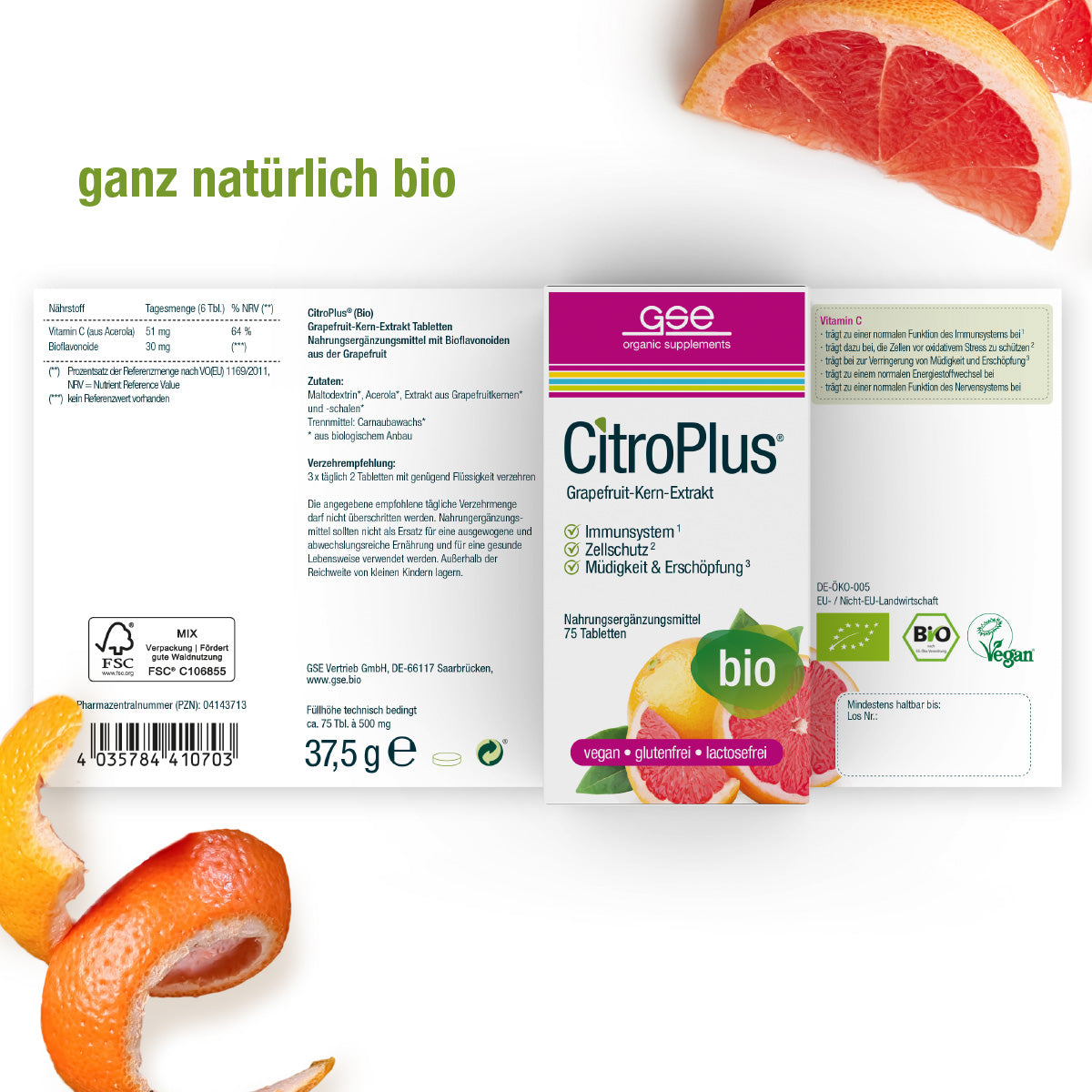 Die Abbildung zeigt CitroPlus® Tabletten (Bio) von gse.organic.supplements, ein Nahrungsergänzungsmittel mit Grapefruitkernextrakt, das reich an natürlichem Vitamin C zur Unterstützung des Immunsystems ist. Die Verpackung hebt die Eigenschaften bio, vegan, gluten- und laktosefrei hervor.