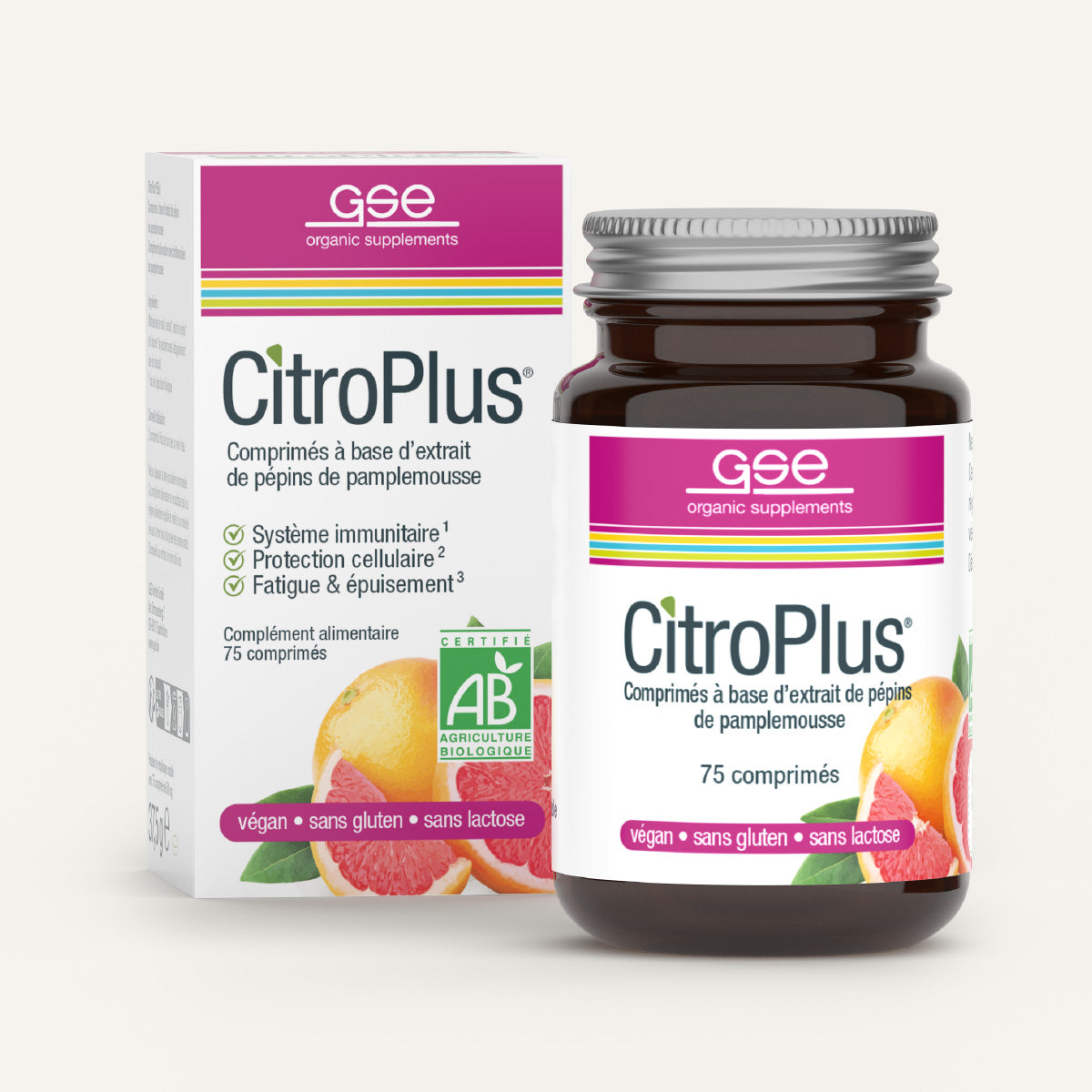 Eine Flasche und eine Schachtel CitroPlus® Tabletten (Bio) FR von gse.organic.supplements, vegan, glutenfrei, laktosefrei, biozertifiziert, reich an Bioflavonoiden und Vitamin C; mit französischen Details und Grapefruit-Motiven.