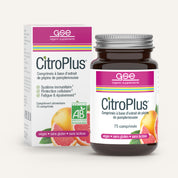 Eine Flasche und eine Schachtel CitroPlus® Tabletten (Bio) FR von gse.organic.supplements, vegan, glutenfrei, laktosefrei, biozertifiziert, reich an Bioflavonoiden und Vitamin C; mit französischen Details und Grapefruit-Motiven.