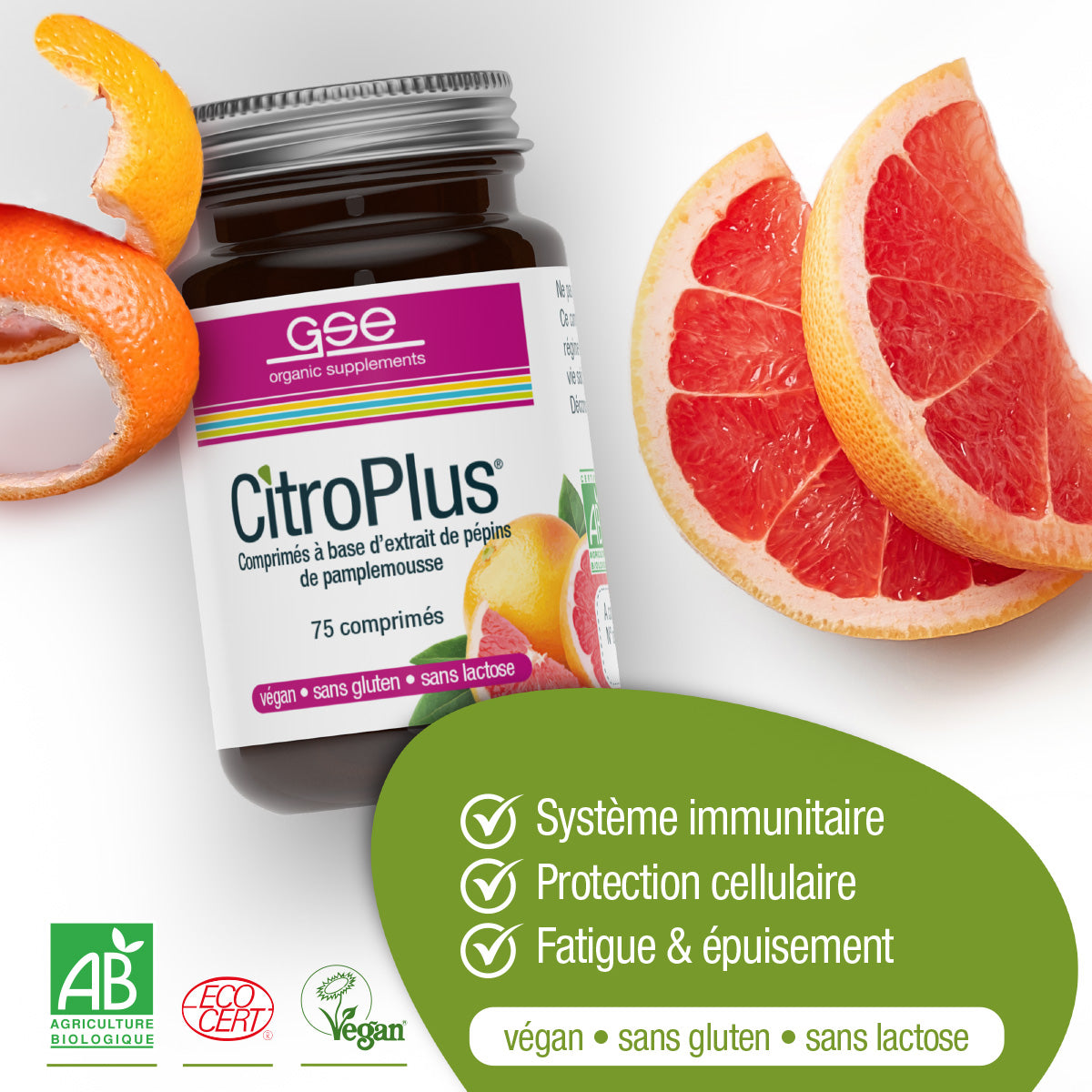 Eine Flasche CitroPlus® Tabletten (Bio) FR von gse.organic.supplements ist mit Grapefruitscheiben abgebildet, die natürliches Vitamin C und Bioflavonoide aus der Grapefruit hervorheben; vegan, glutenfrei; unterstützt das Immunsystem und reduziert Müdigkeit.