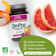 Eine Flasche CitroPlus® Tabletten (Bio) FR von gse.organic.supplements ist mit Grapefruitscheiben abgebildet, die natürliches Vitamin C und Bioflavonoide aus der Grapefruit hervorheben; vegan, glutenfrei; unterstützt das Immunsystem und reduziert Müdigkeit.