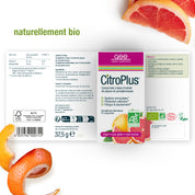 Ein Produktetikett für CitroPlus® Tabletten (Bio) FR von gse.organic.supplements, biozertifiziert und vegan, zeigt Grapefruitscheiben und -schalen. Der Text hebt hervor: "Immunsystem stärken mit Bioflavonoiden aus Grapefruit.