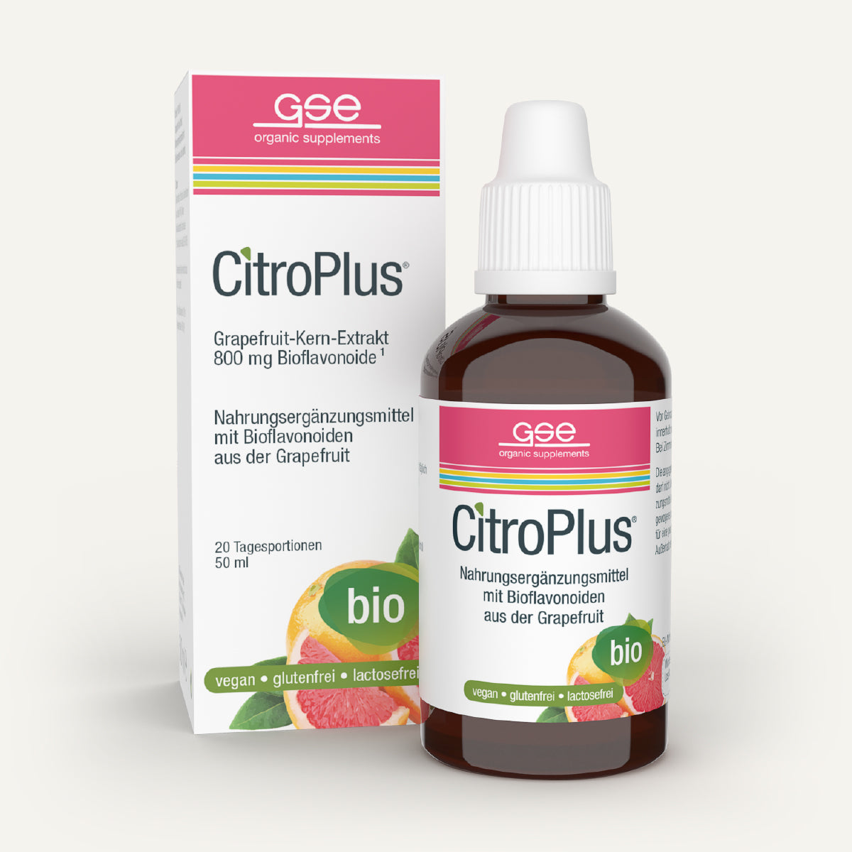 Eine Flasche und eine Schachtel CitroPlus® 800 - Grapefruitkernextrakt (Bio) von gse.organic.supplements, gekennzeichnet als biologisch, vegan, glutenfrei und laktosefrei, mit Bildern von Grapefruits und grünen "Bio"-Symbolen für Bioflavonoide und pflanzliche Qualität.