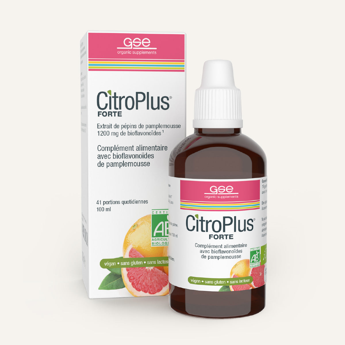 Eine Flasche CitroPlus® 1200 forte (Bio) FR von gse.organic.supplements mit einem Tropfverschluss ist neben der Schachtel abgebildet. Beide haben grüne Etiketten, rosa Akzente, Bilder von Grapefruits, französische Informationen und heben natürliche Bioflavonoide hervor.