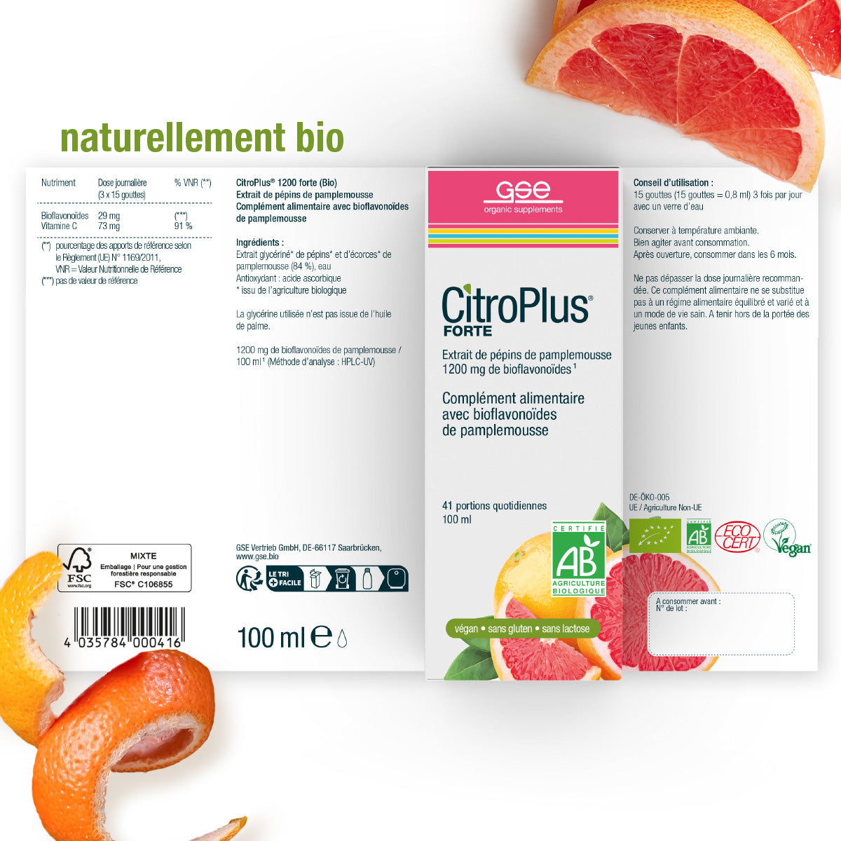 CitroPlus® 1200 forte (Bio) FR von gse.organic.supplements ist auf einem weißen Hintergrund mit Grapefruitscheiben und Orangenschalen abgebildet. Auf der Verpackung sind der Gehalt an Bioflavonoiden, Angaben zu den Inhaltsstoffen, Zertifizierungen und "naturellement bio" in grüner Schrift angegeben.