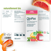 CitroPlus® 1200 forte (Bio) FR von gse.organic.supplements ist auf einem weißen Hintergrund mit Grapefruitscheiben und Orangenschalen abgebildet. Auf der Verpackung sind der Gehalt an Bioflavonoiden, Angaben zu den Inhaltsstoffen, Zertifizierungen und "naturellement bio" in grüner Schrift angegeben.