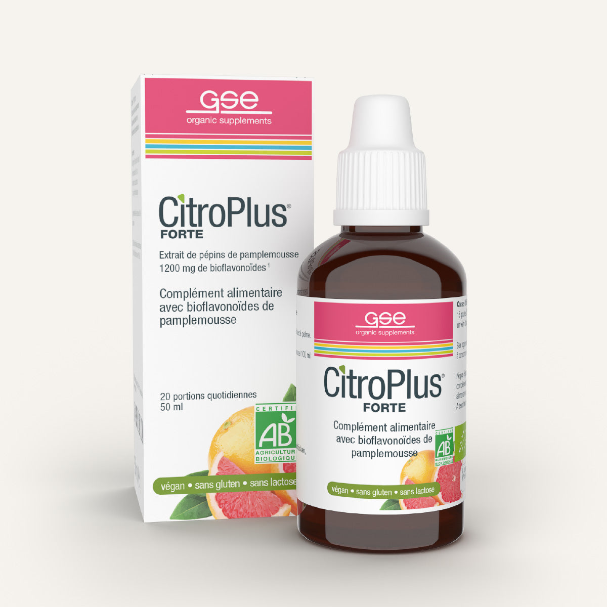 Eine Flasche und eine Schachtel gse.organic.supplements CitroPlus® 1200 forte (Bio) FR, mit Grapefruit-Abbildungen und dem grünen AB organic-Logo. Das Etikett weist auf den veganen, laktosefreien Grapefruitkern-Extrakt und den hohen Bioflavonoidgehalt hin.