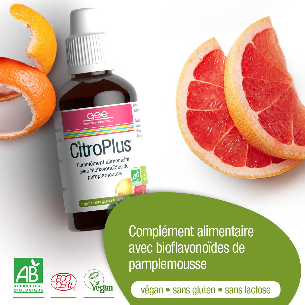 Eine Flasche CitroPlus® 1200 forte (Bio) FR von gse.organic.supplements steht neben frischen Grapefruitscheiben und -schalen. Das französische Etikett zeigt, dass es vegan, glutenfrei, laktosefrei und biologisch ist.