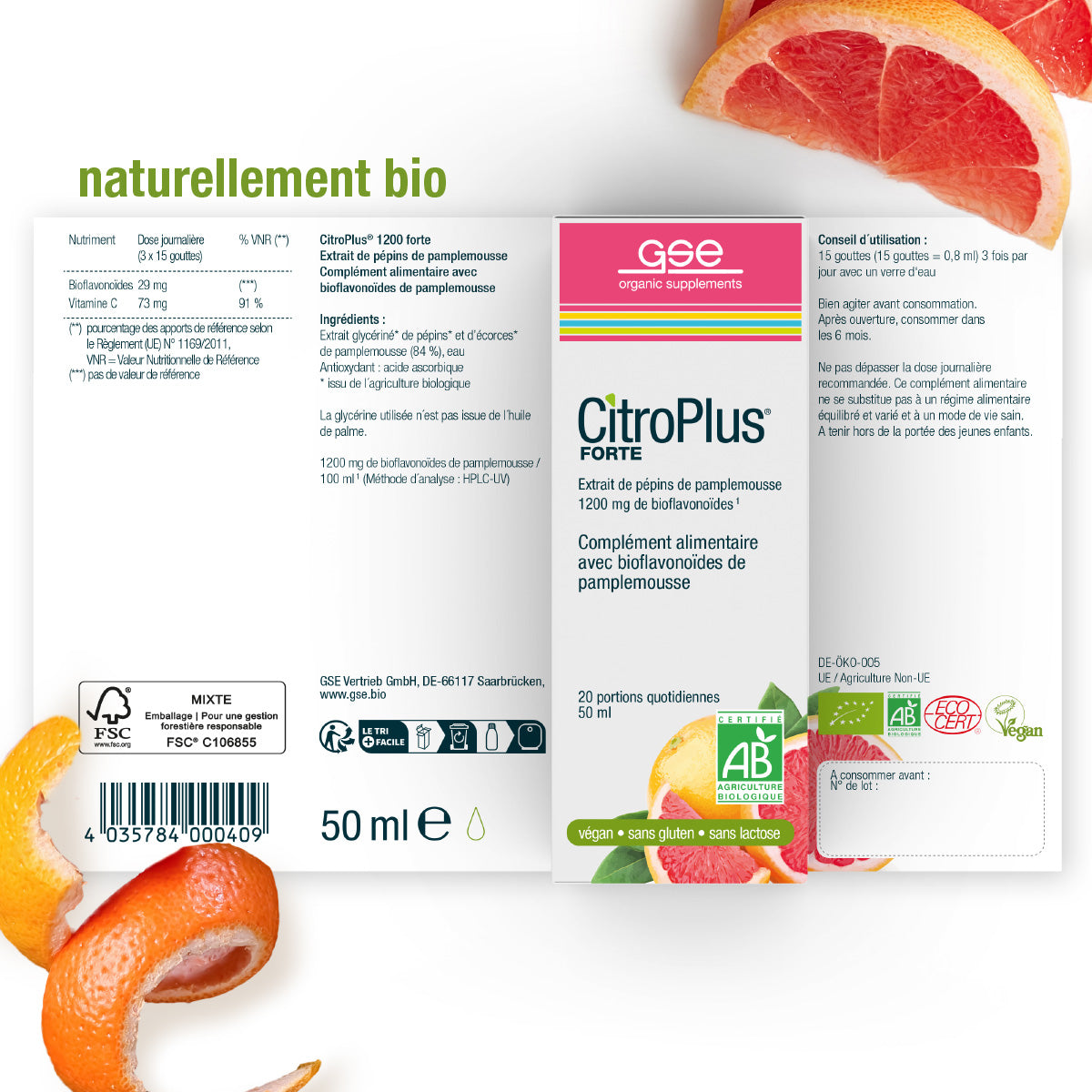 Schachtel mit CitroPlus® 1200 forte (Bio) FR von gse.organic.supplements, einem biologischen und veganen 50-ml-Nahrungsergänzungsmittel mit Grapefruitkernextrakt und Bioflavonoiden, abgebildet auf weißem Hintergrund mit Grapefruit- und Orangenscheiben.